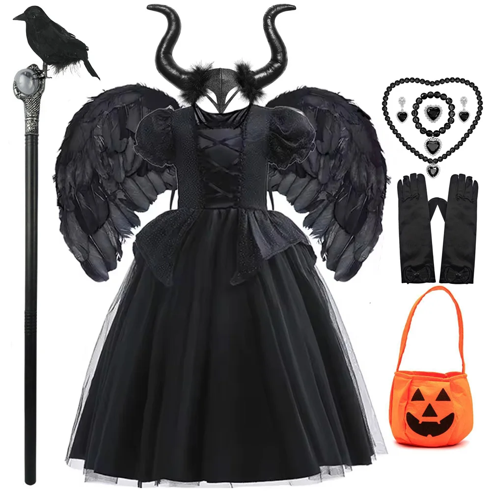 Girl Maleficent Cosplay Dress With Wings Kids Halloween Carnival Evil Witch Dress Up Costume 2-10 Yrs Sequin Ruffles Outfits