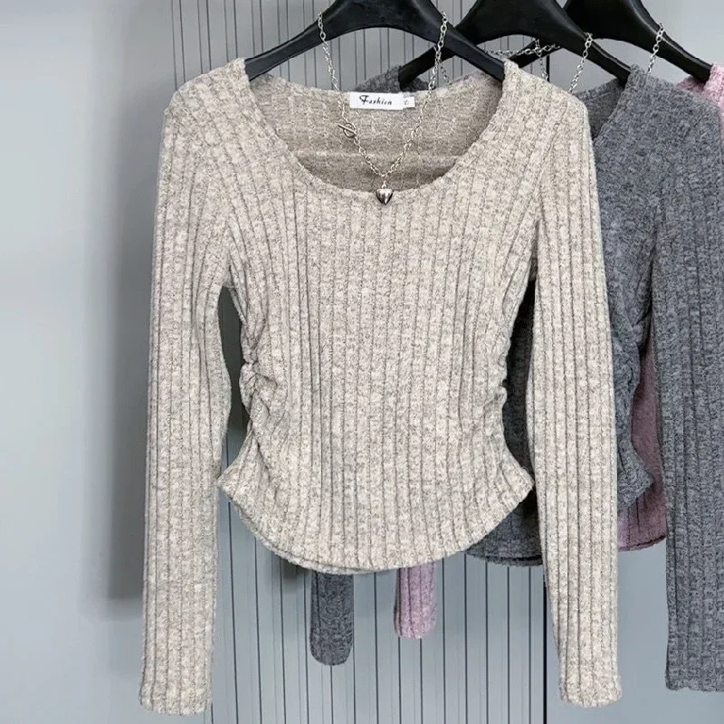 

Корейский джемпер со складками, корейские повседневные вязаные пуловеры, топы, модный свитер, женская одежда, облегающий свитер с длинным рукавом и круглым вырезом, Pull Femme