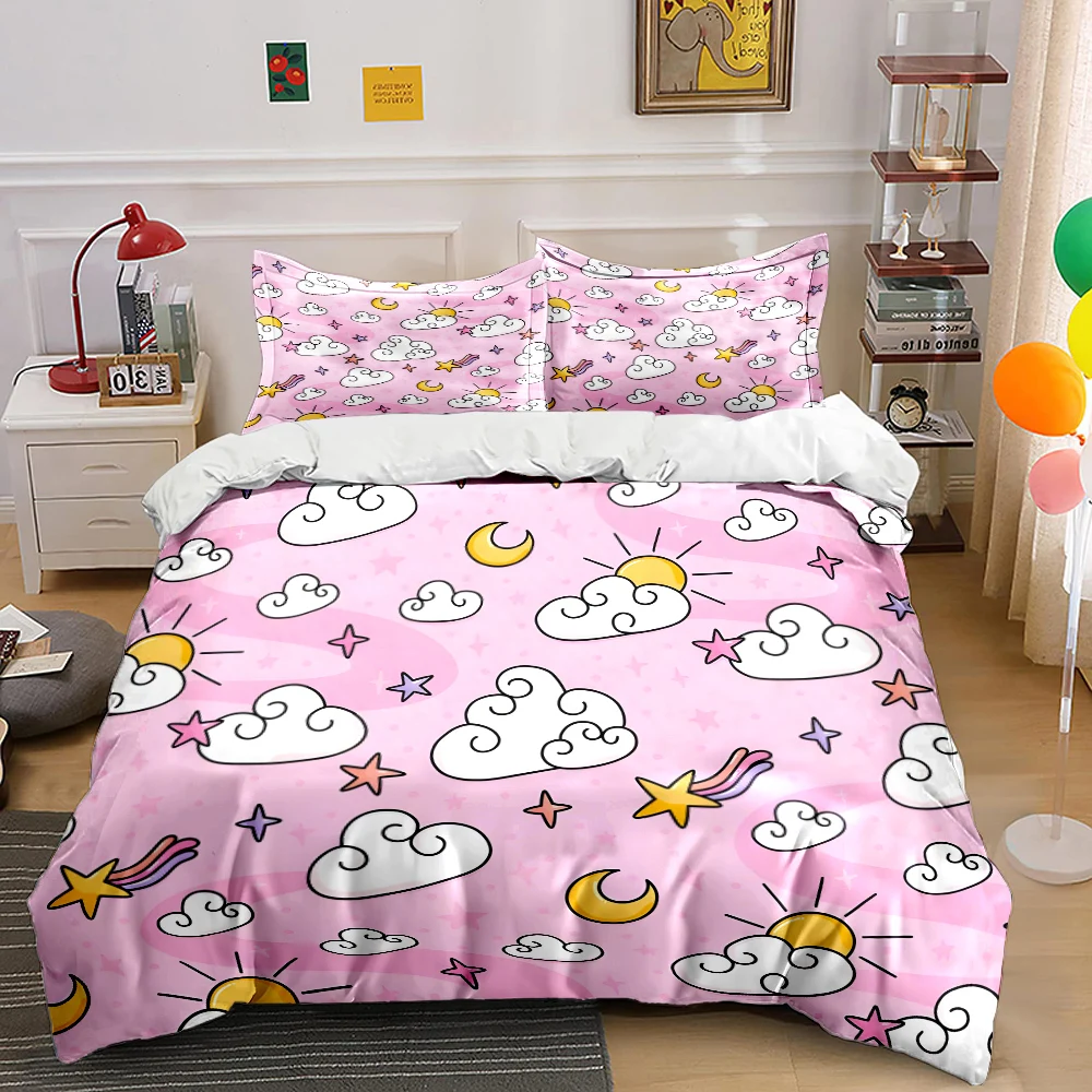 Dreamy clouds and stars on pink background Duvet Cover Set Digital Print Colorful Polyester Bedding with Zipper Closur for gifts