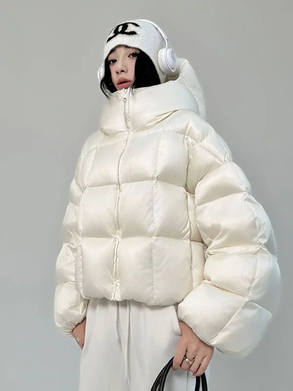 

Korean Design Casual Hooded Warm Cotton Jacket Thick White Short Bread Style Winter New Arrival Women's Fashion Commute Wear