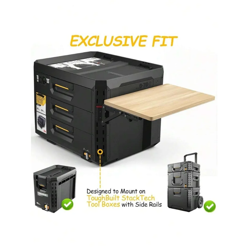 Foldable Work Table for Stack On Tool Box Side Mounted Portable Steel Workbench Expands Toolbox Workspace for Garage Workshop Job Site DIY Projects Supports Up to 500 LBS Black Powder Coated Quick Install Mounting Hardware Included