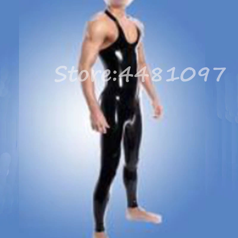 

Black Sexy Latex Rubber Jumpsuit Latex Tight Bodysuit With Crotch Zipper U-neck Vest for Men XS-XXXL