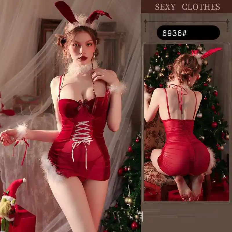 ชุดชั้นในกำมะหยี่สีแดงเซ็กซี่สำหรับผู้หญิง ชุดนอนซีทรูตาข่ายแบบอีโรติก ชุดคอสเพลย์คริสต์มาส ชุดกระต่ายสาวสุดฮอต