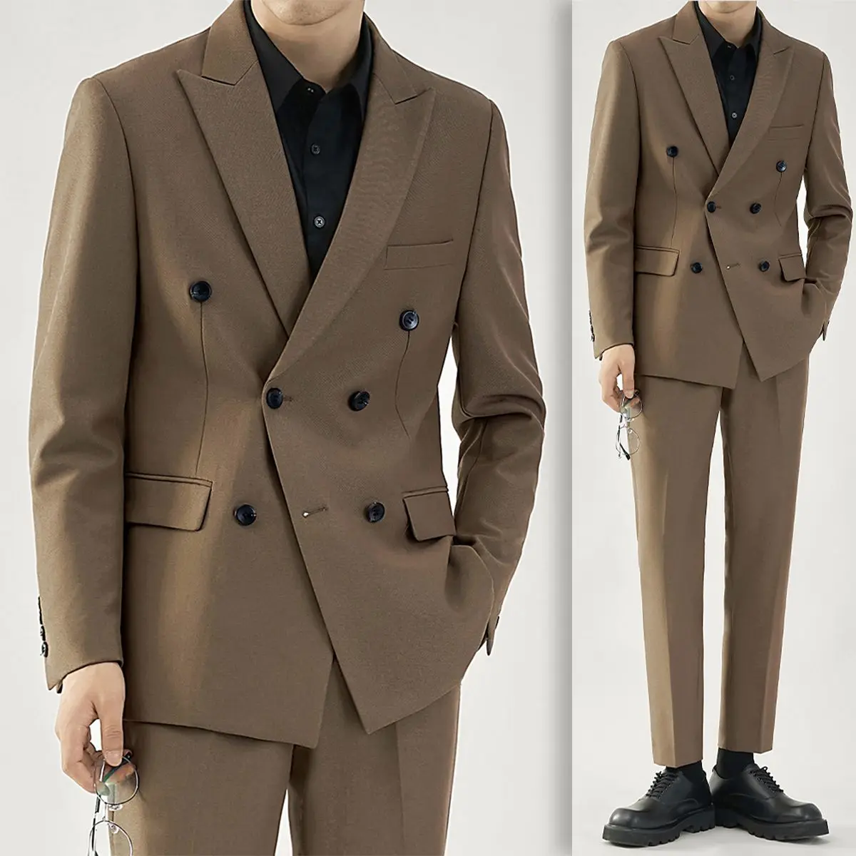 

New black suit set for men slim fit British handsome double breasted wedding dress groomsman suit for men