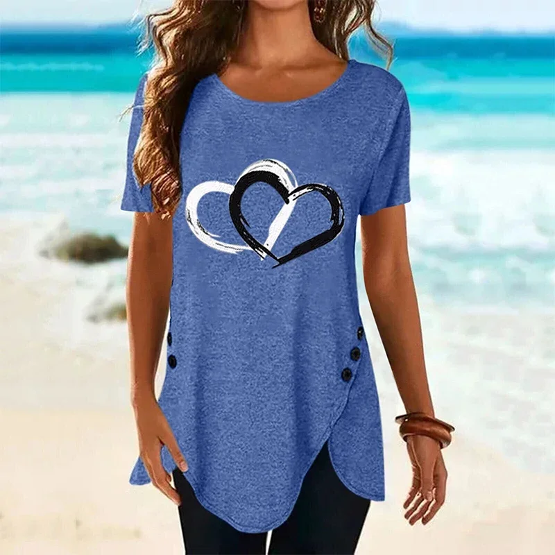 Women's Short-sleeve Heart Printed T-shirt Summer Casual Loose Long Top Tee Shirt Clothing Fashion T Shirt Streewear Oversized image 3