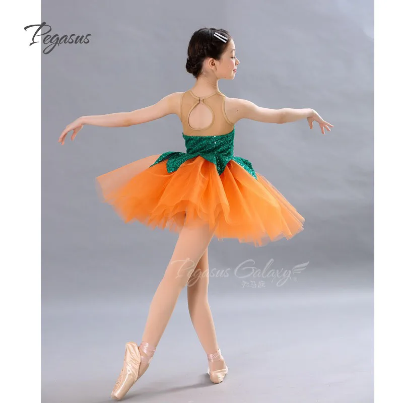 Lovely Shiny Ballet Dance Skirt Children Sleeveless Orange Ballet TuTu Dress Girls Stage Performance Ballet Dance Skirt