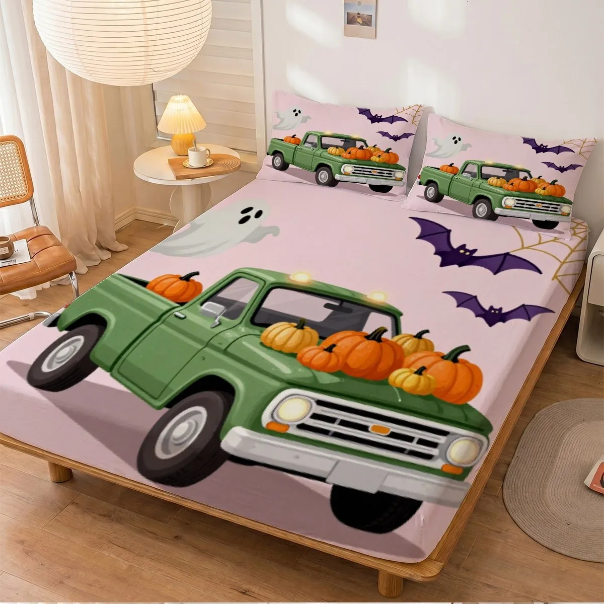 Vintage Green Pickup Truck with Pumpkins, Bats, and Spider Webs 2D Digital Print 3-Piece Bedding Set (Includes 1 Fitted Sheet + 2 Pillowcases, No Filling) Fitted Mattress Protector Halloween Theme Decoration Mattress Protector Cover Protective Cover Bed Sheet Three-Piece Set