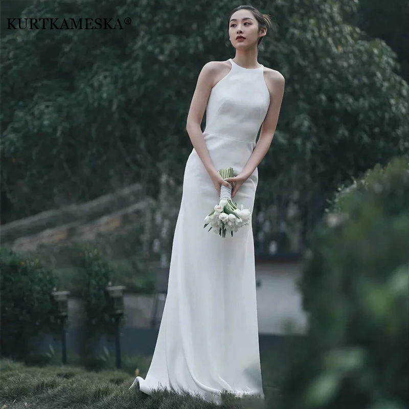 Luxury Wedding Evening Prom Dresses for Women Sexy Halter Backless Ball Gown French White Satin Trailing Bride Wedding Dress