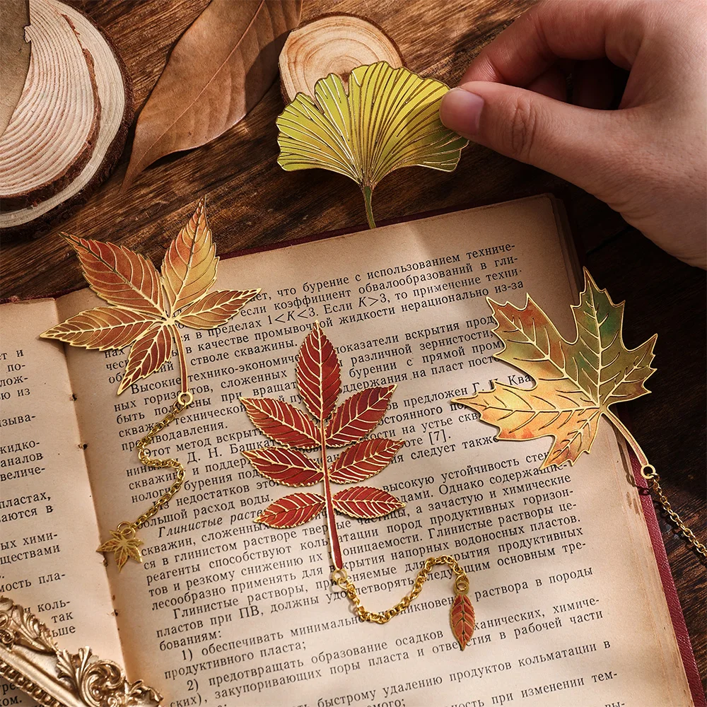 4 قطعة/الحزمة خمر يترك البرنز المعادن المرجعية مجموعة مع سلسلة معدنية قلادة المرجعية للطلاب الكتاب عشاق الكتاب القراء #3