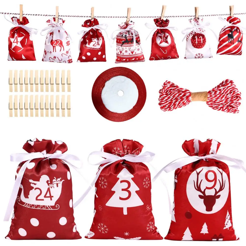 Different Pattern Christmas Gift Bag Set Hanging Countdown Practical Reusable Christmas Advent Calendar Bag