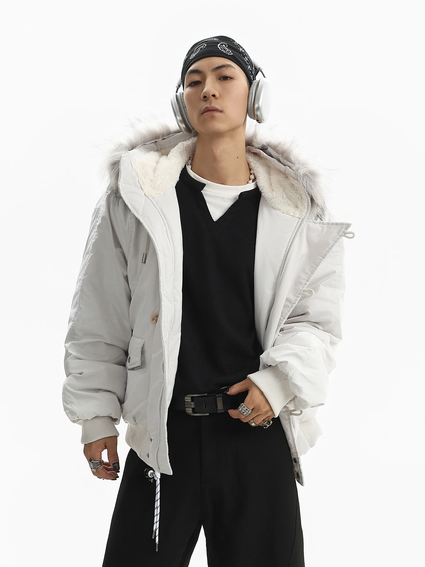 American High Street Pure Color Design Men's Cotton Jacket with Fur Collar Versatile Winter Coat Standard Fit Casual Wear