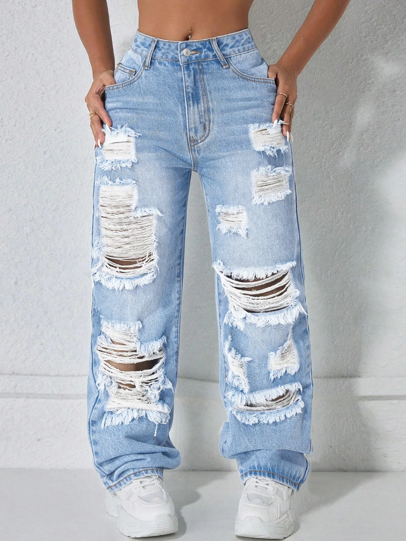 Versatile Casual Straight Leg Women's Jeans Trendy Hole Detail Comfortable Fit Pants