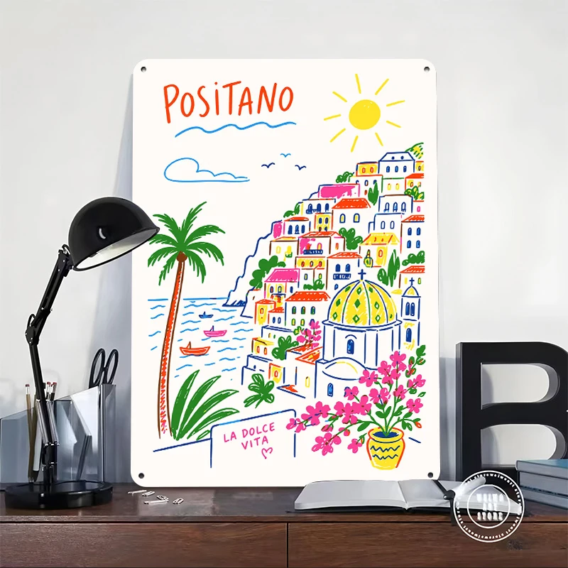 Positano Amalfi Coast Wall Art Metal Poster Customized Wall Art Retro Vintage Metal Signs for Man Cave Living Room Decorations