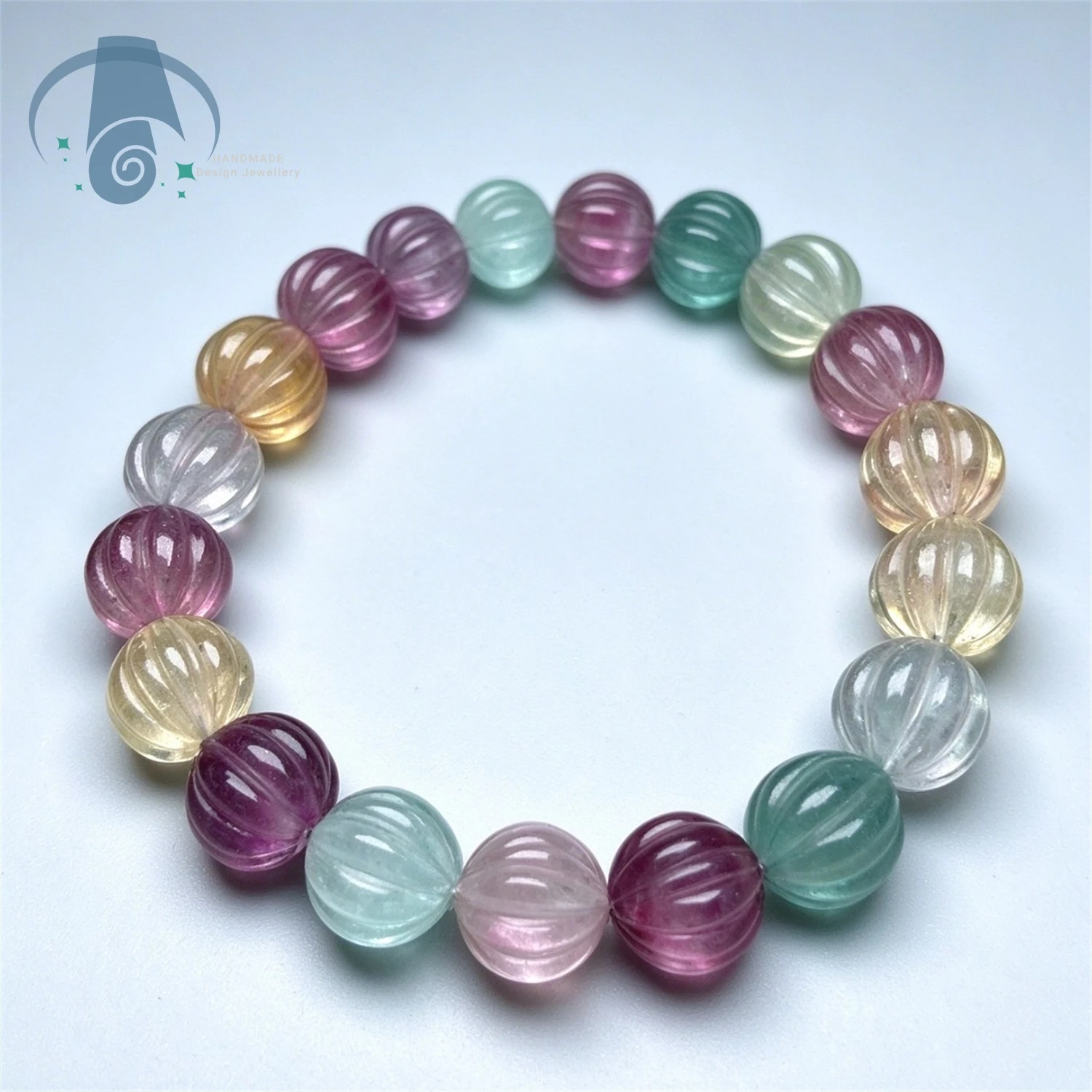 Rainbow Fluorite Pumpkin Bead Bracelet Pastel Ice Cream Color Natural Gemstone Wrist Jewelry for Women Daily Wear Gift