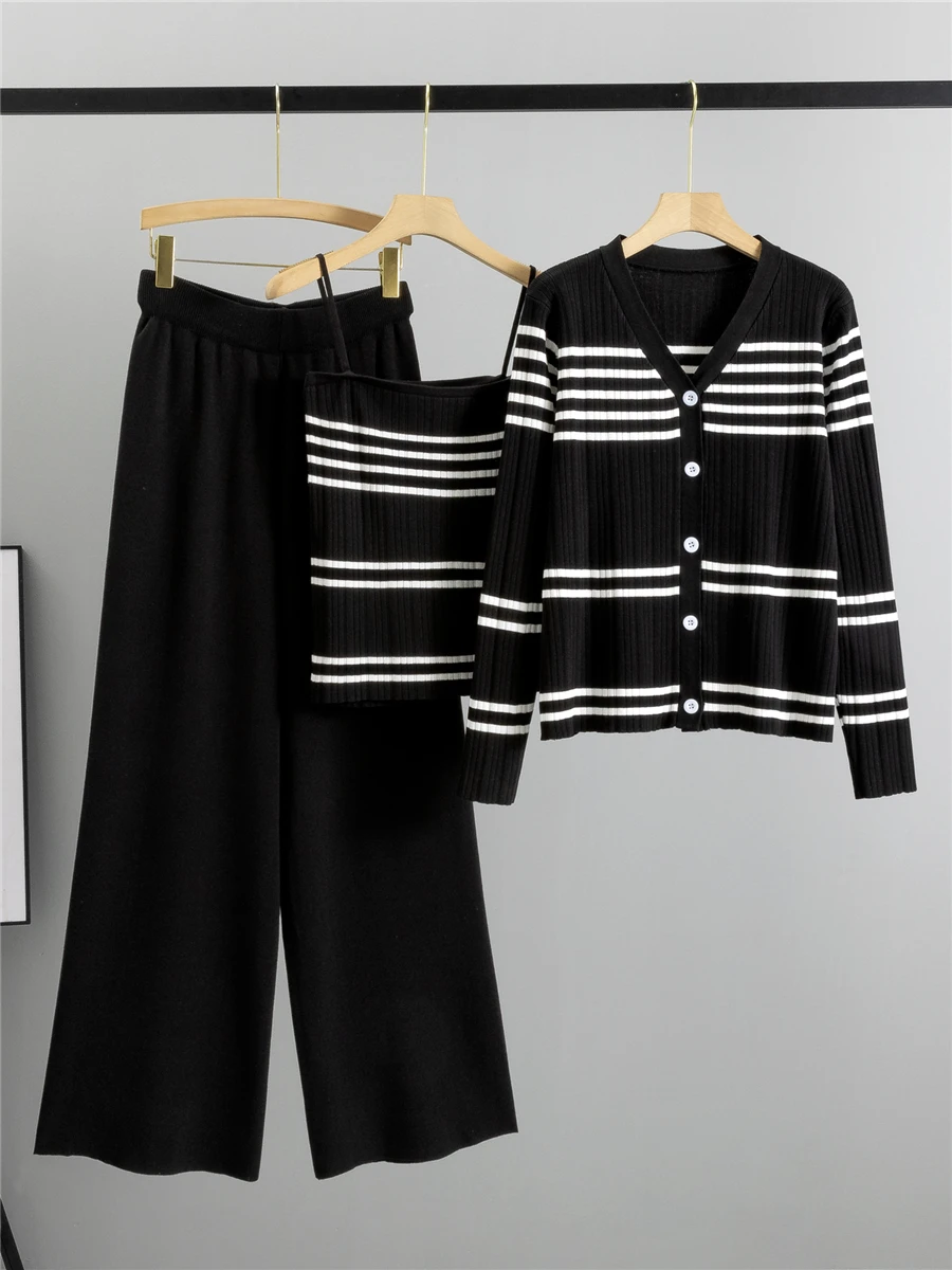 Korean Chic Autumn Winter Three-Piece Set Stripe V-Neck Open Cardigan Short Strap High Waist Wide Leg Pants Fashionable Women...