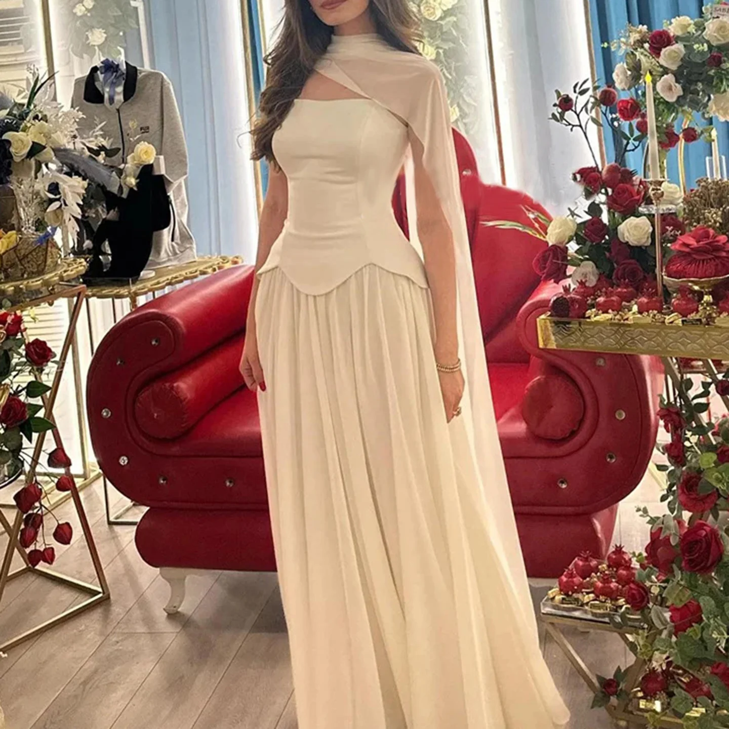 فستان سهرة نسائي أبيض كريمي مع رقبة مربعة بدون أكمام، فستان شفاف للحفلات الراقصة، فستان رسمي أنيق ورومانسي #2