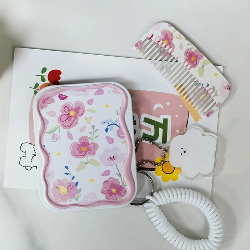 Specchio per il trucco pieghevole con motivo floreale color pesca con pettine portatile portatile per strumenti di bellezza regalo per ragazze da donna