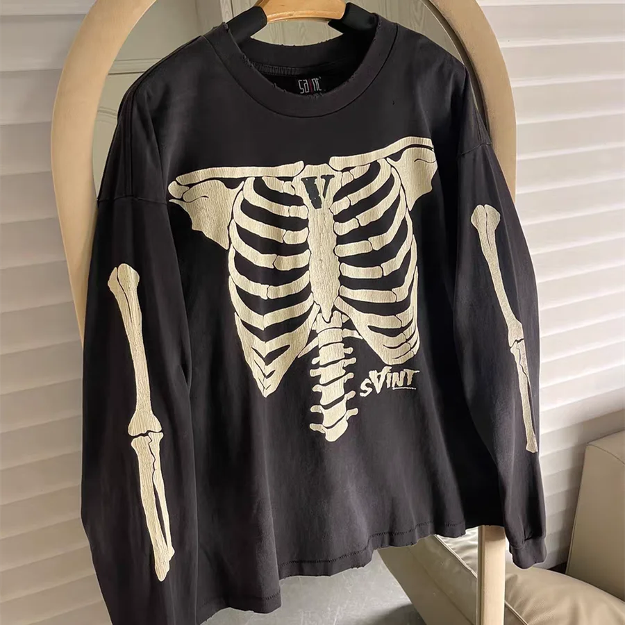 SAINT Long Sleeves Skeleton Round Neck Print Loose T-shirt Men Women T Shirt Top Tees