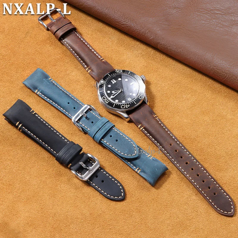 Curved End Bracelet Oil Wax Cowhide Watch Band 20mm 22mm High Quality Handmade Stitching Straps for Omega for Rolex Wristband - view 6