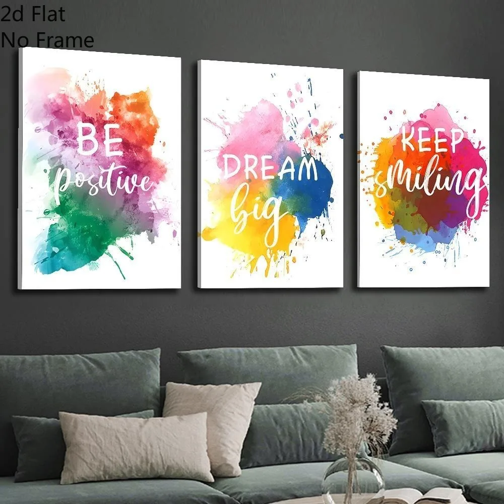 （Noframe 3PCS)-2D Flat, 2D Flat, Set of 3 2D Canvas Art Prints Featuring Colorful Inspirational Quotes, Motivational Sayings,
