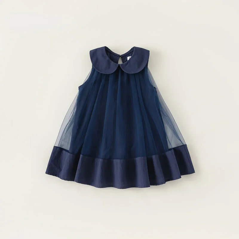 New Summer Baby Girl Party Dress Peter Pan Collar Mesh Patchwork Sleeveless Vest Princess Dresses Sweet Children Clothing E23079