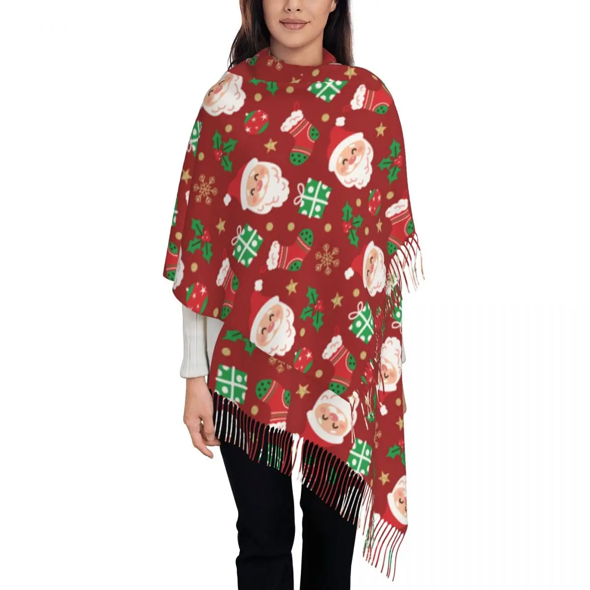 Christmas Santa Claus Scarf for Womens Winter Fall Shawls and Wrap Snowflakes New Year Single-sided Pattern Shawl Scarf