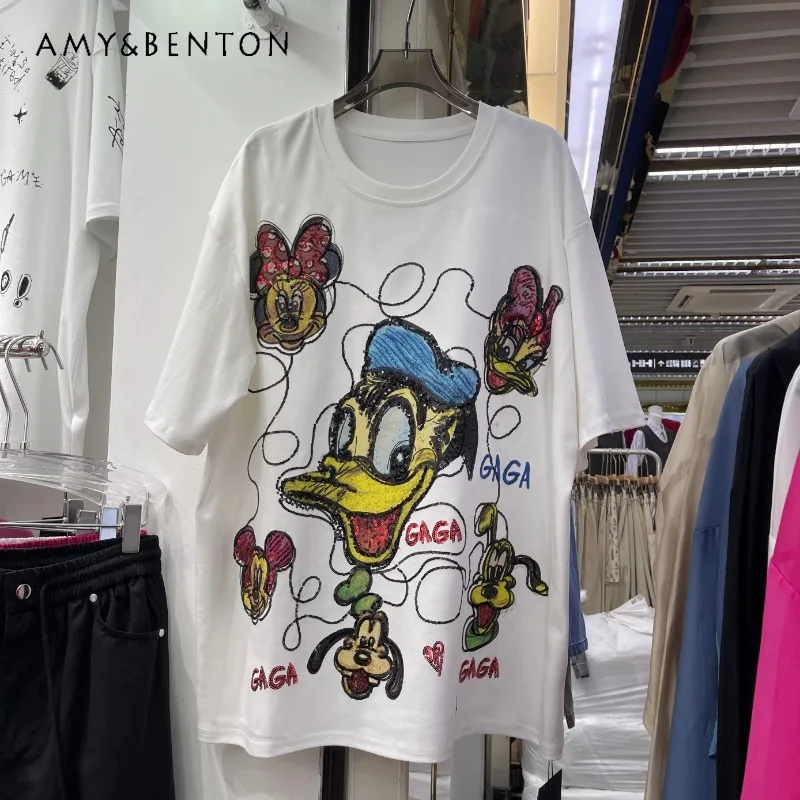 

Cartoon Pattern Printed Short-sleeved T-shirt Women's 2025 Spring Summer New Thin And Versatile Loose Cotton Top Harajuku Tees