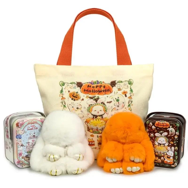 

Halloween Bundle - White & Orange Bunny PomPom Keychain with Orange Mini Canvas Tote Bag, Trick or Treat Gift