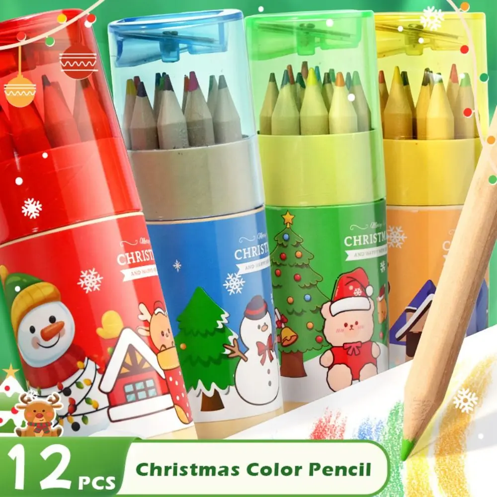 12pcs 12 Colors Color Pencil Set with Sharpener Christmas Gift Drawing Graffiti Pencil Bucket Packing Art Painting Pencil
