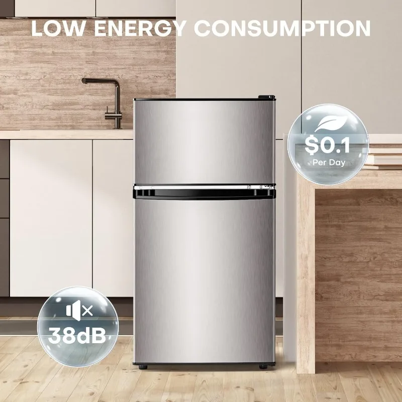 

Мини-холодильник 3,2 куб. фута с морозильной камерой, мини-холодильник с двойной дверью, регулируемый термостат, мини-холодильник для общежития, офиса