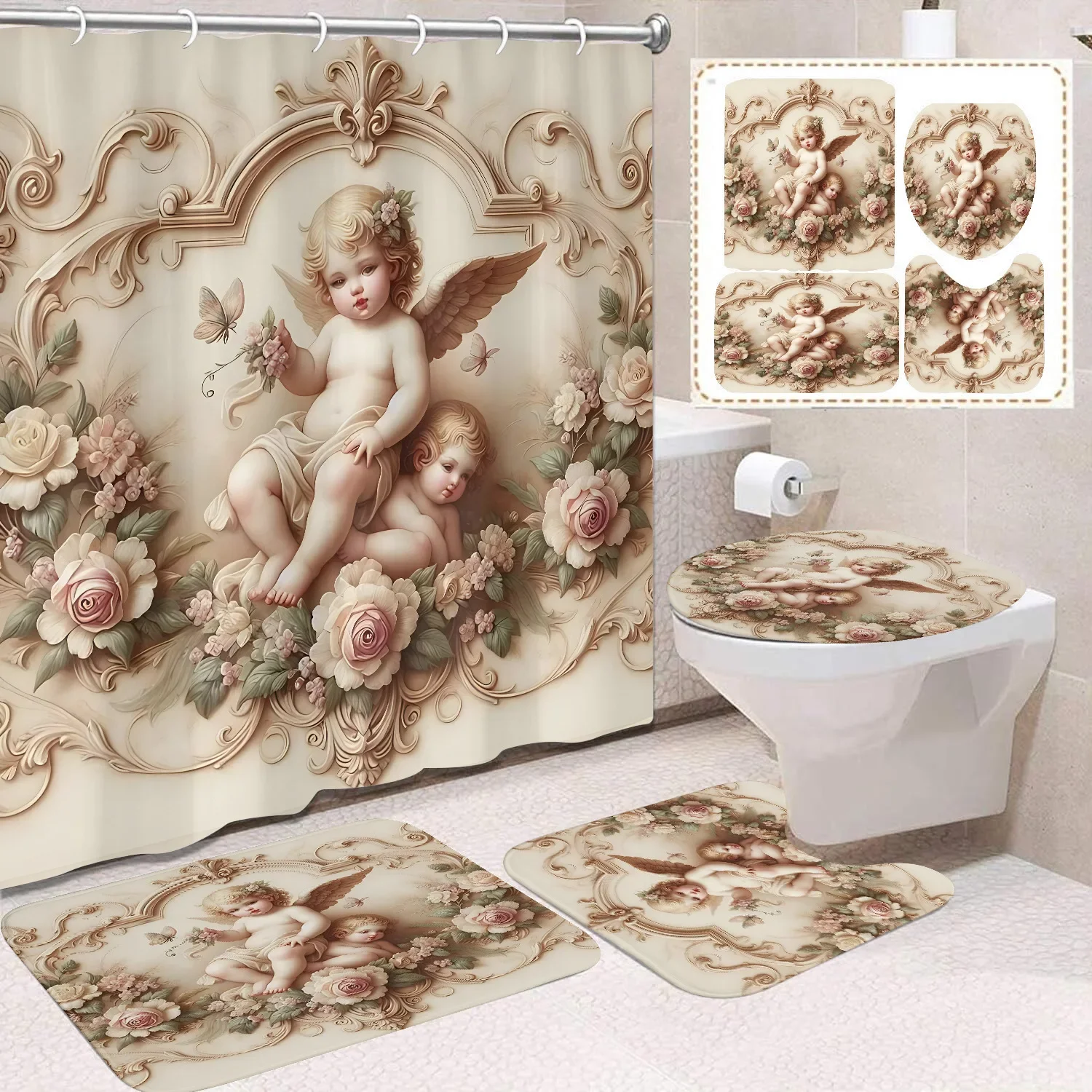 

Набор из 4 водонепроницаемых аксессуаров для ванной комнаты «Прибытие ангела» | Нескользящий коврик на присосках для ванной, занавеска для душа, чехол для унитаза