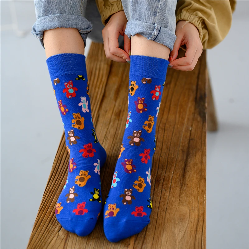 New Funny Cartoon Happy Dancing Bear Socks Cute Ice Cream Harakuju Dots Mid Tube Sokken Hipster Dropship