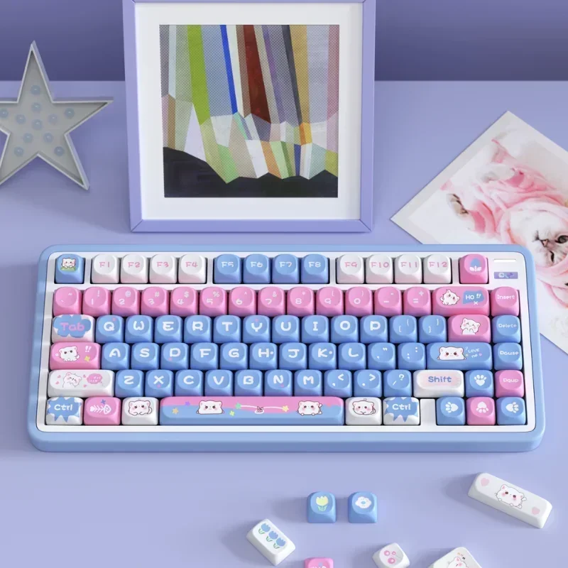 Blue Pink Cat Keycap Customization Cross Shaft Mechanical Keyboard Key caps Kit SOA Profile PBT Thermal Sublimation Cute Keycaps