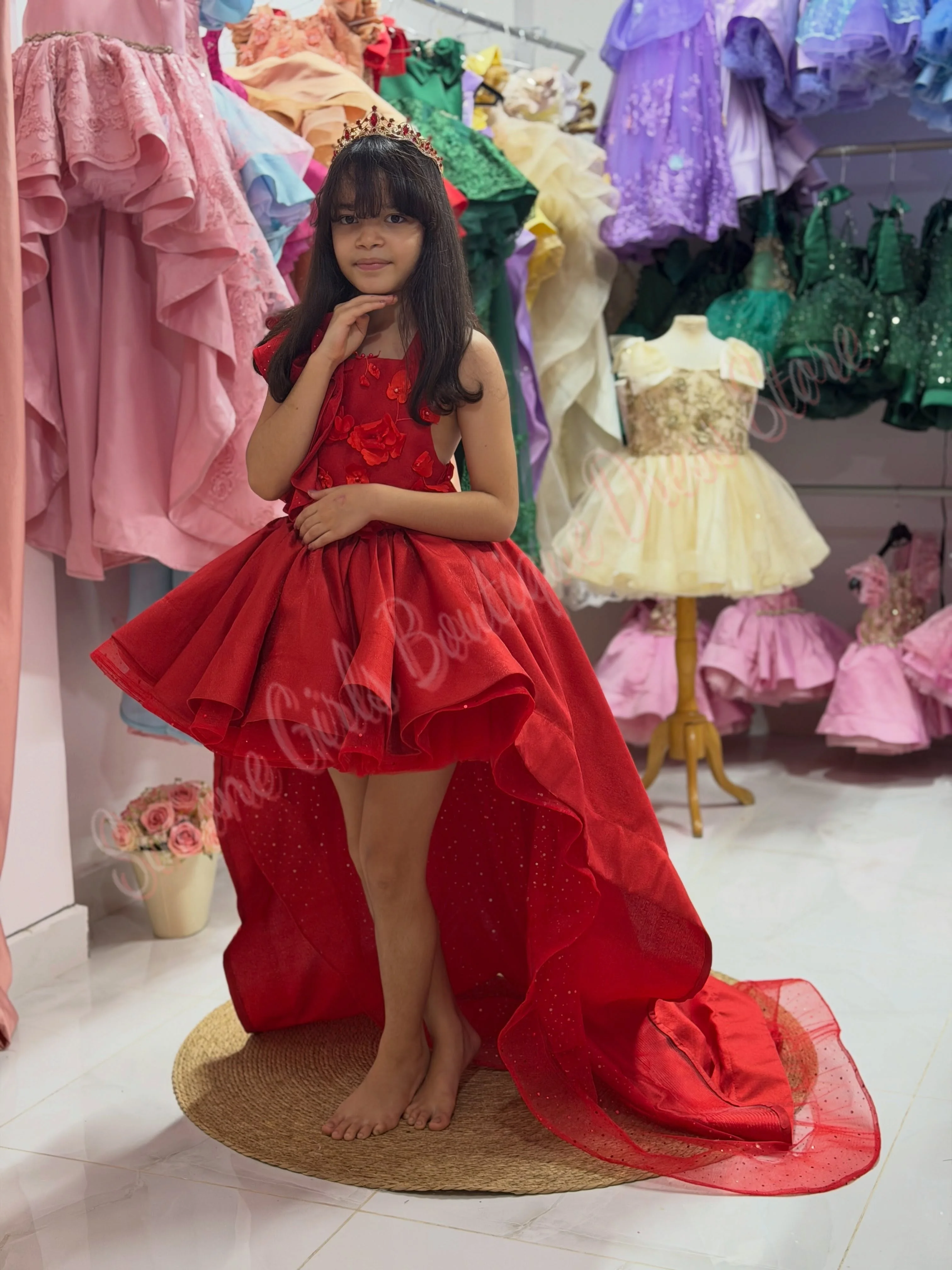 Customized Red Flower Girl Dress For Wedding Flower Applique Puffy O-neck Ruffles Kids Birthday Party First Communion Gown