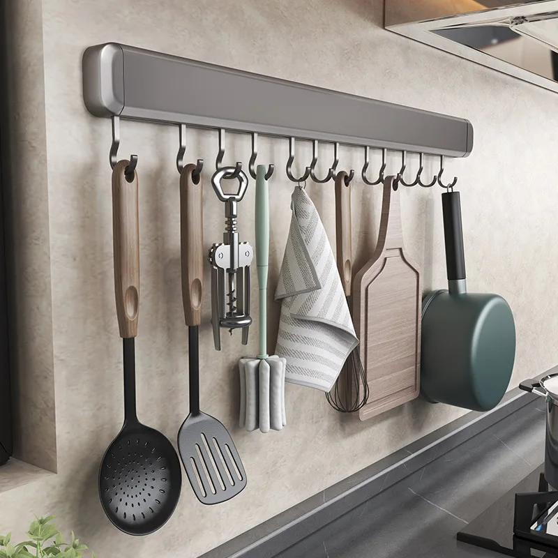 Kitchen Utensil Rack, 60cm Pots Pans Hanging Rack Wall Mounted Lid Cooking Hanger, 12 Sliding Hooks for Spoon, Cups, Coffee Mug