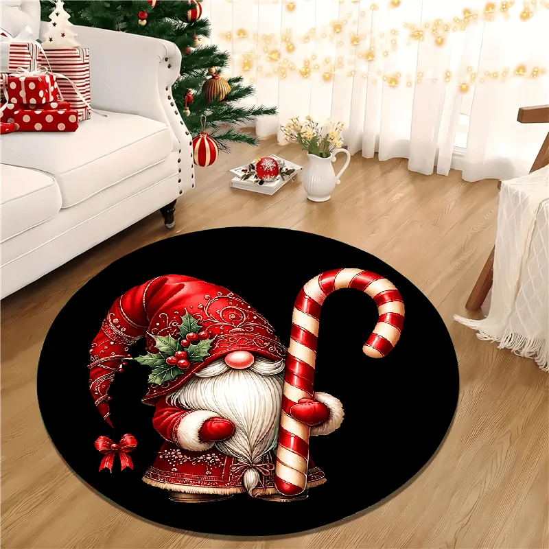 1pc 2D Flat Merry Christmas Gnome Round Rug, Mat for Living Room Bedroom Laundry Room, Home Decor for Holiday Celebrations