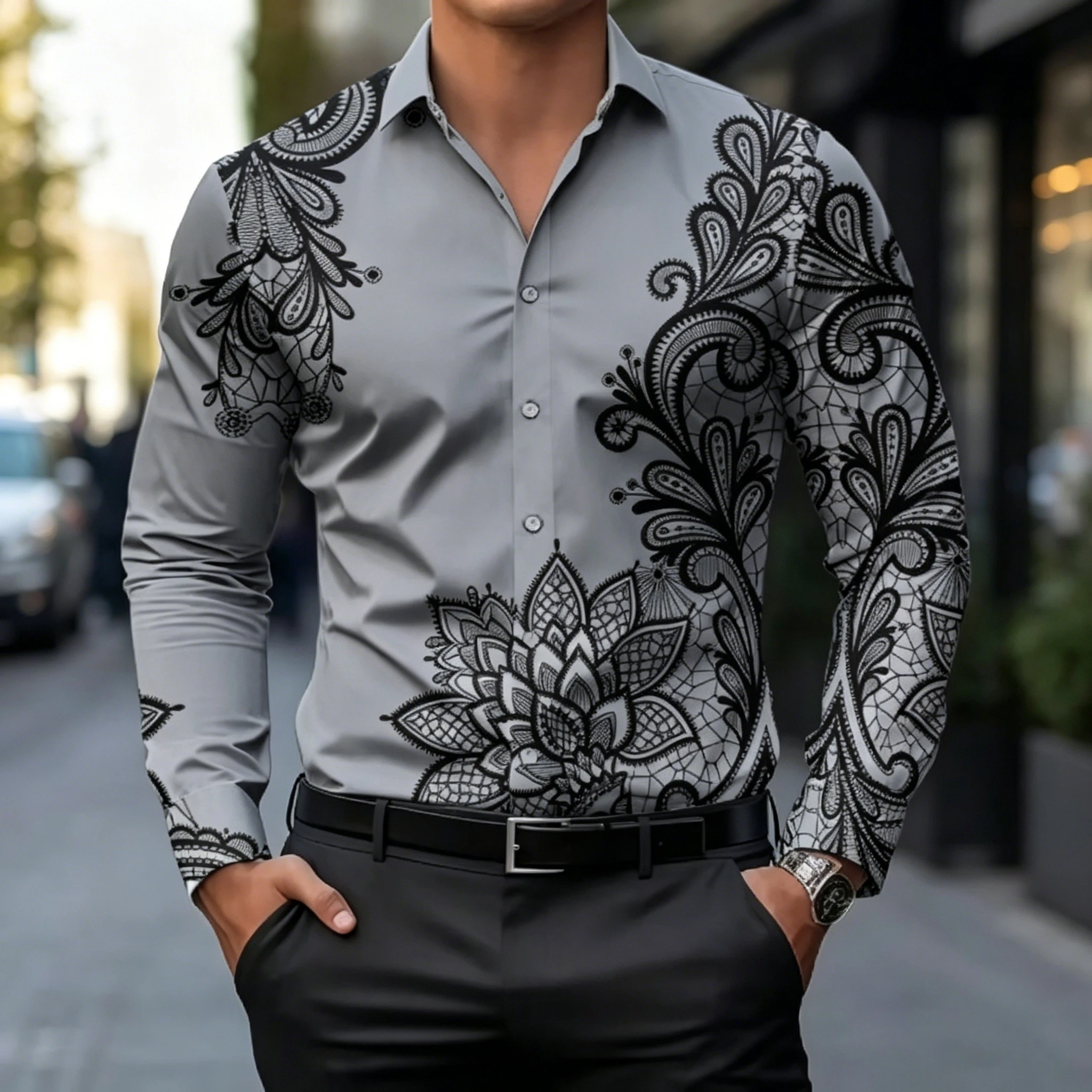 Men's Luxury Paisley Printed Satin Shirt Long Sleeved Slim Fit Business Formal Party Button Up Shirt Available In Large Size