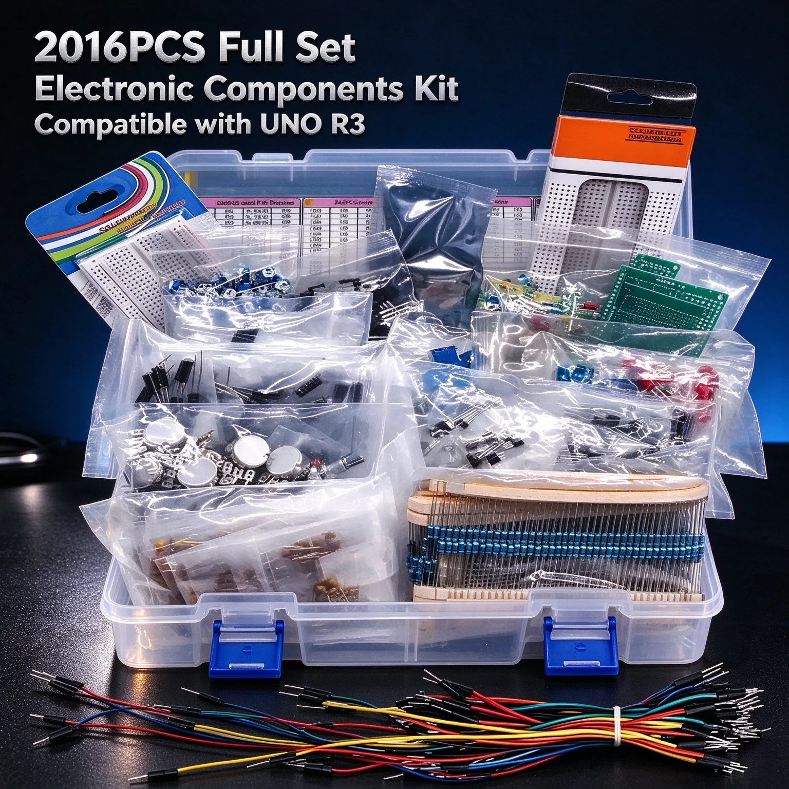 2016PCS Full Set Electronic Components Kit Compatible with UNO R3, Resistor Capacitor LED Diode Transistor DIY Electronic Learni