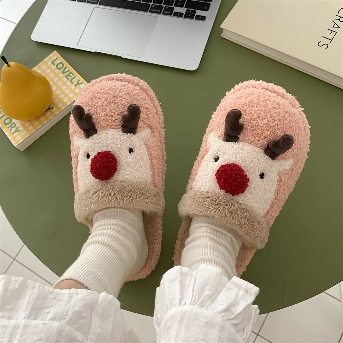 Plush Home Slippers For Men And Women 2023 Winter Creative Cute Christmas Elk Parent-child Cotton Slippers