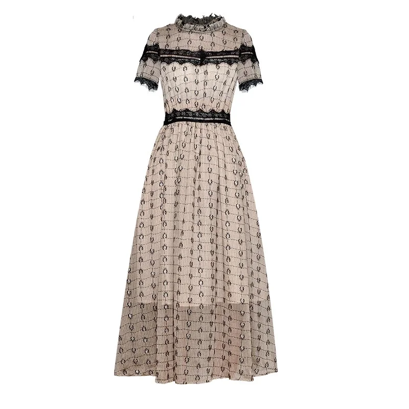

2023 New Fashion Designer Runway Spring Summer Women Short Sleeve Lace Stripe Dresses