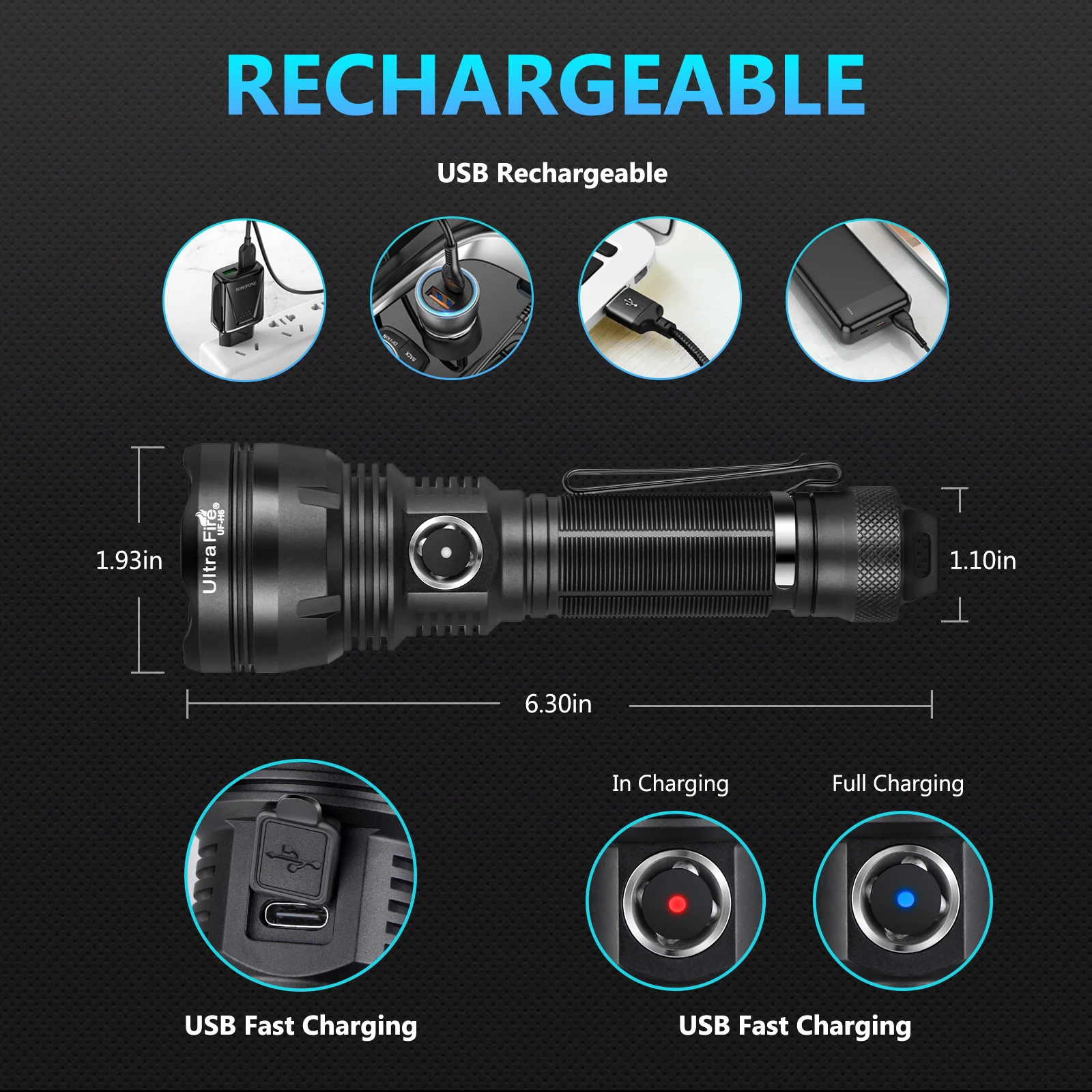 UltraFire UF-H6 21700 Rechargeable Tactical Flashlight USB C 2500LM 730M Beam Range Powerful LED Torch IPX8 Outdoor Camping Lamp