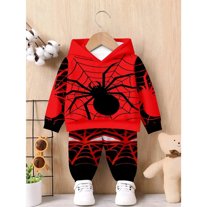 Toddler Boys Girls Hooded Jogger 2Pcs Tracksuit, Spider Web USA Star Stripe Print Casual Daily Kids Outfit