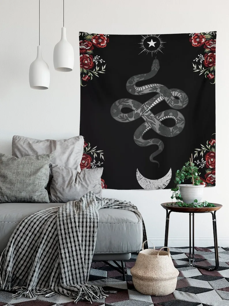 Moon and Snakes Symbol - Black and White - Red Roses - Tapestry Wall Hanging Meditation Yoga Hippie