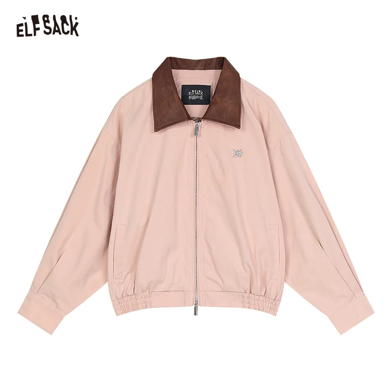 ELFSACK 2024 Autumn New Arrive College style pink rivet brushed tassel loose cotton shirt short jacket for women