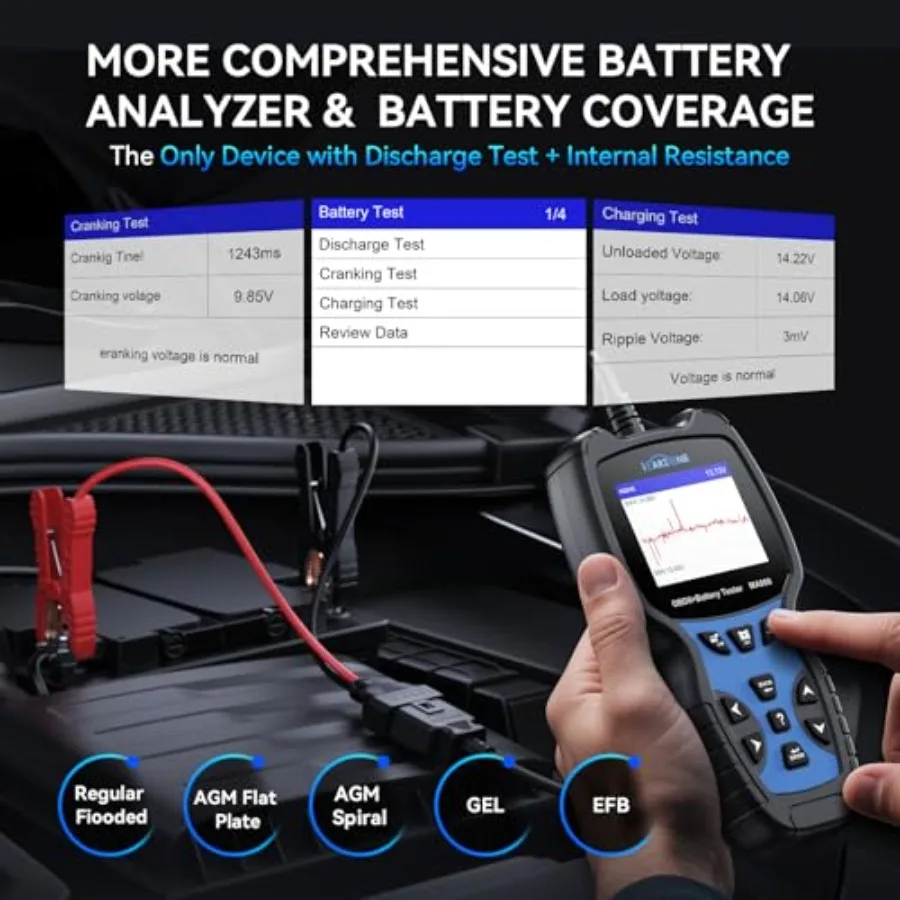 MA900 Battery Tester + OBD2 Scanner 2 in 1 12V 24V 100-2000CCA Accurate Instant Battery Health Diagnostic Tool with OBFCM Test