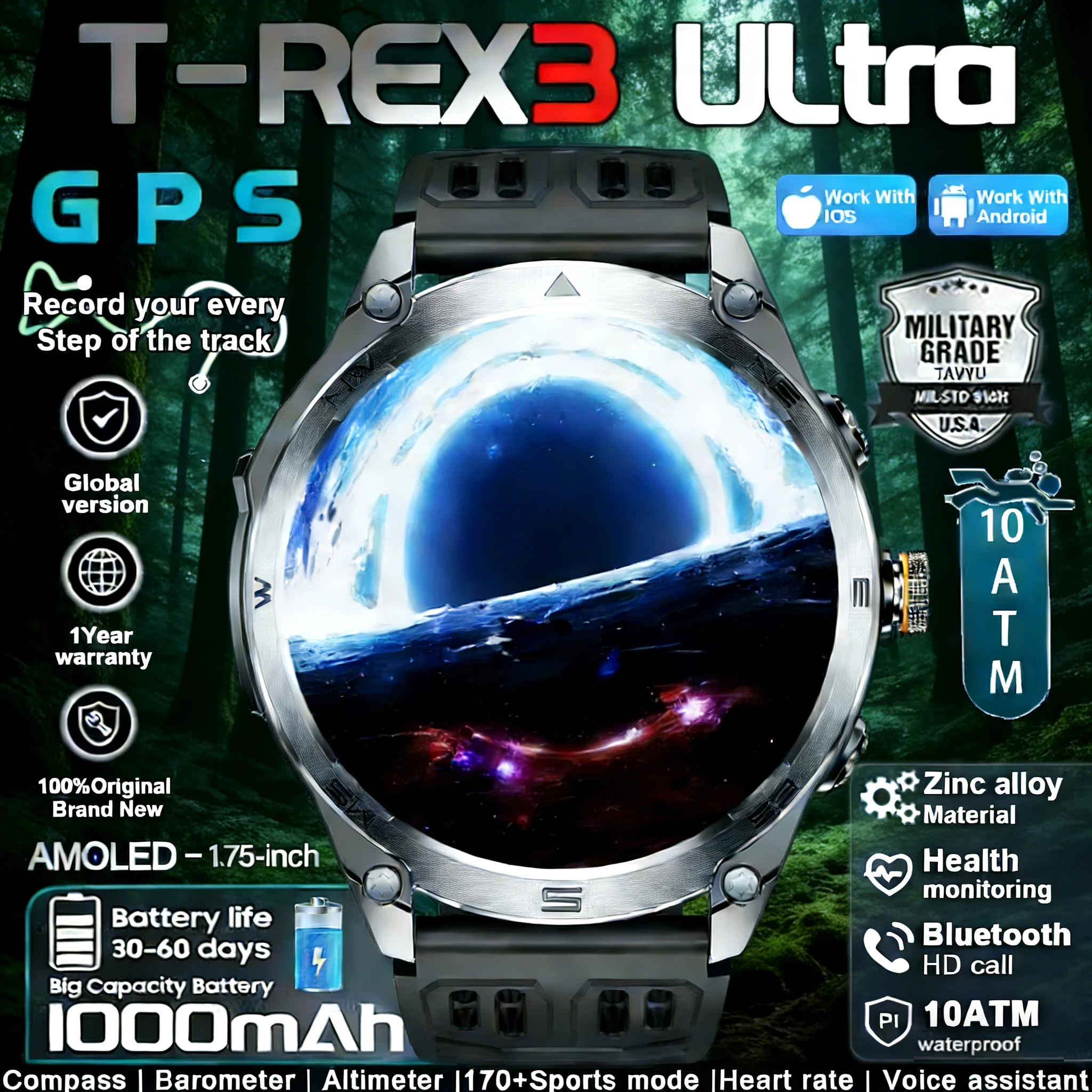 

T-Rex 3 Ultra Compass GPS Military Smart Watch Men 10ATM Waterproof Bluetooth Call Outdoor Sport Fitness Tracker Health Monitor