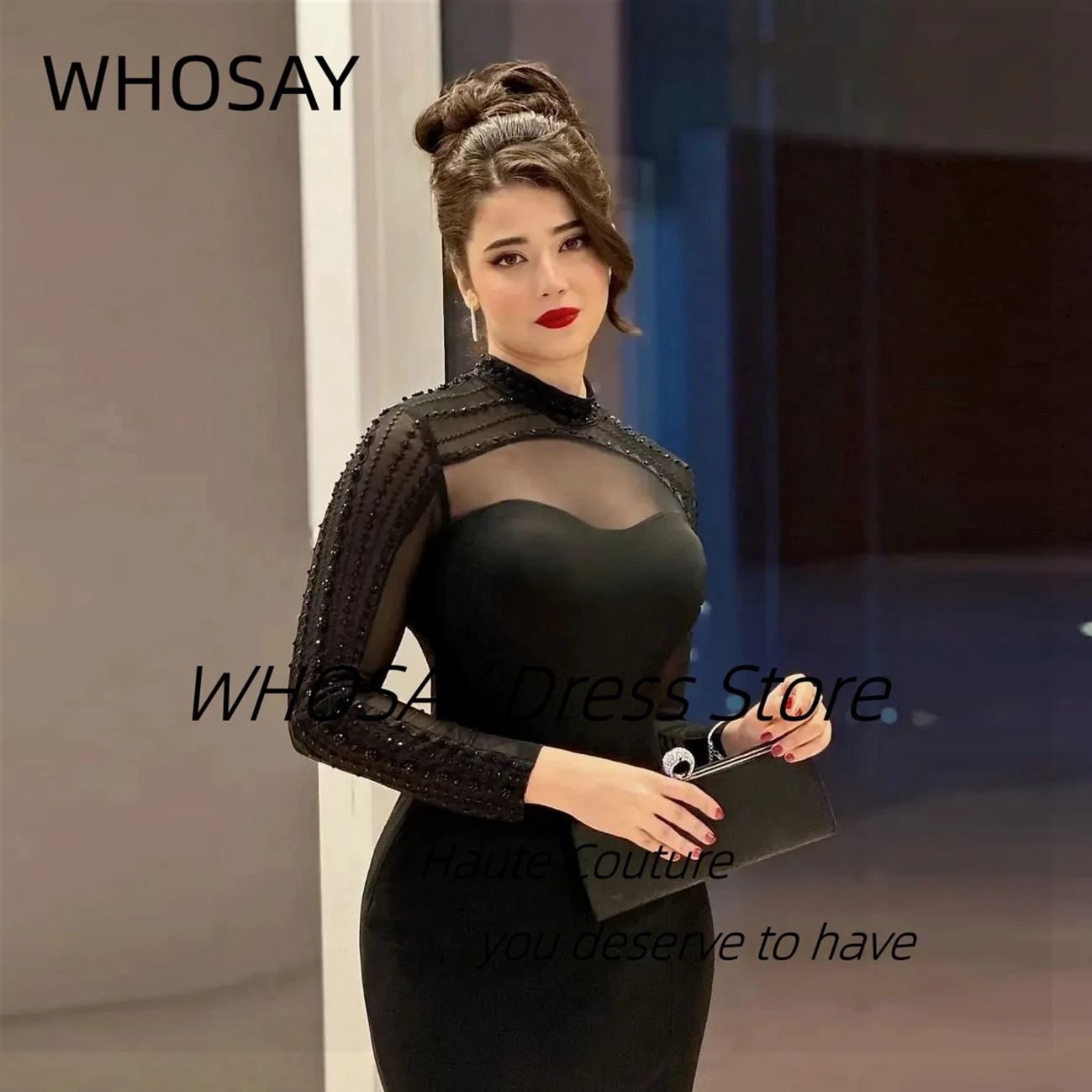 WHOSAY High Collar Black Evening Dresses Side Slit Mermaid Dress for Prom Party Beading Long Sleeves Special Occasion Gowns