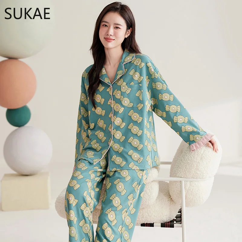 SUKAE Autumn Spring New Women Pajamas Set Turn-down Collor Faux Cotton Long Sleeves Sleepwear Leisure Pijama Lady Chic Homesuits