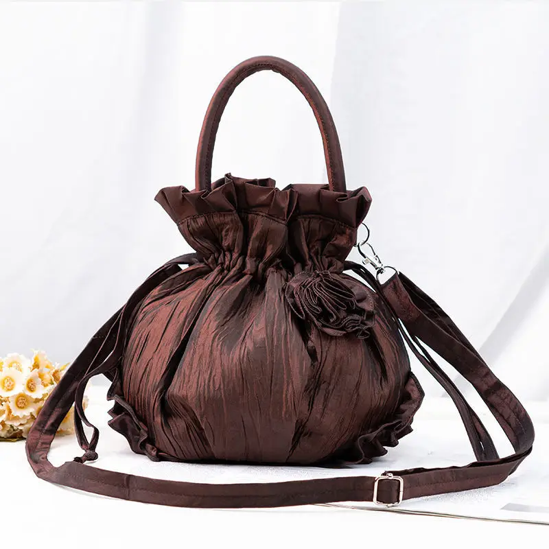 2024 New Vintage Flower Cloth National Style Handbag Female Mother Can Go Out Single Shoulder Crossbody Silk Cloth Bucket Bag