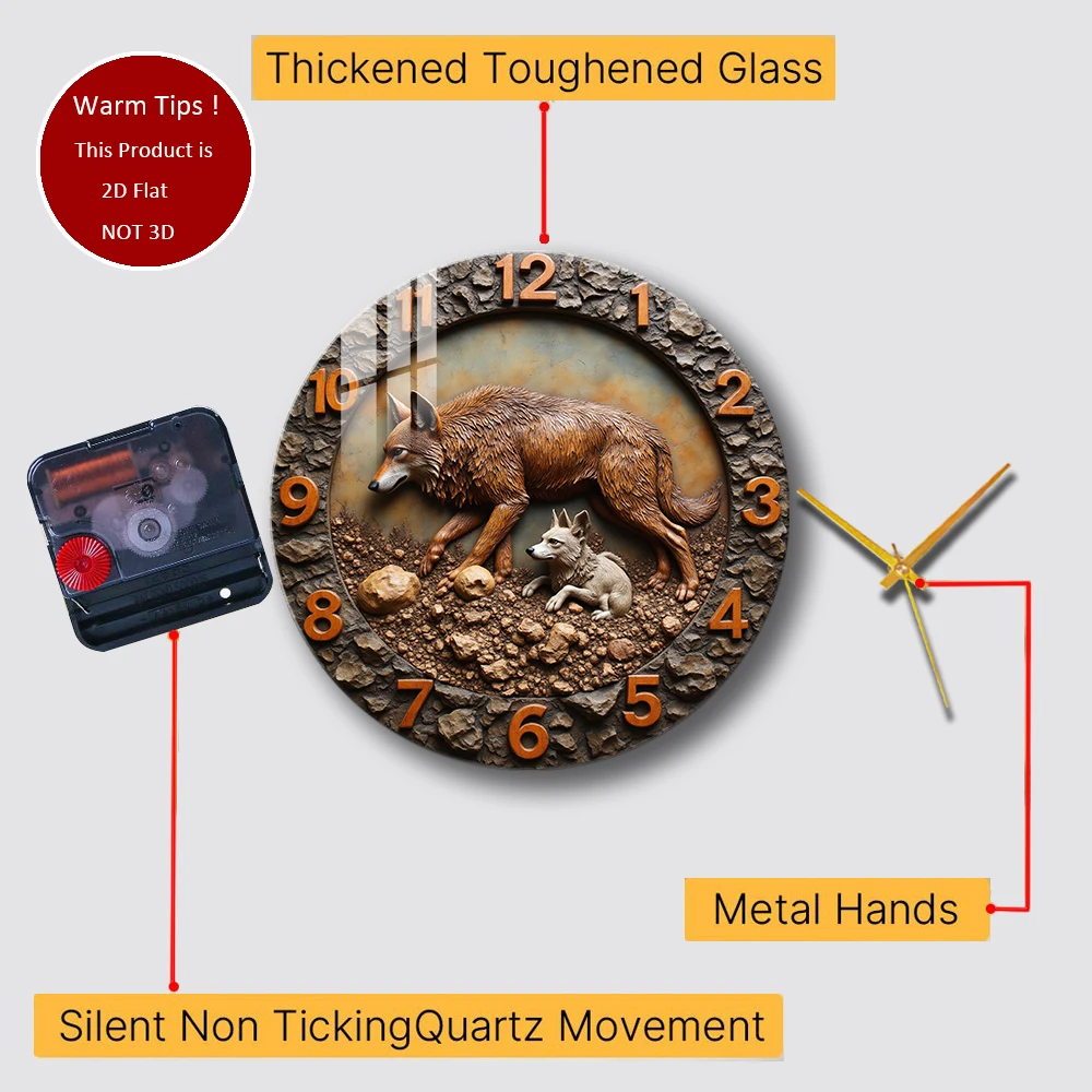 Tempered Glass Wall Clock Wolf And Cub Carving Suitable For Wall Decor or Tabletop Display Anywhere
